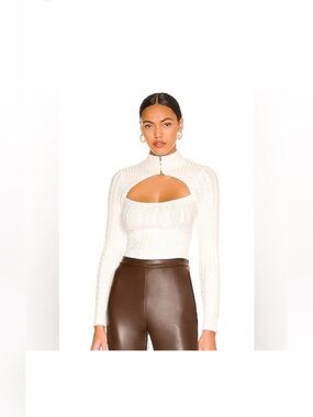 White Superdown Tanya Cable Knit Cutout Mock Neck Top